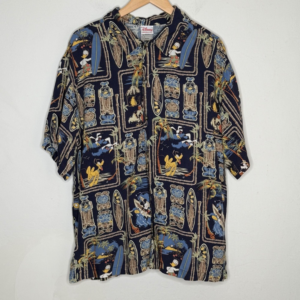 Disney Store Hawaiian Shirt Mens L Navy Rayon Tiki Surf Mickey Pluto Y2k 2000s
